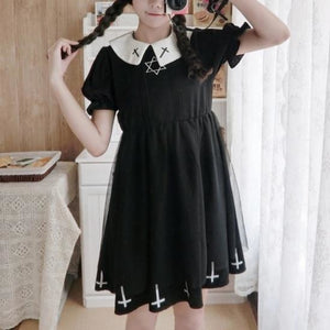 Simple Fashion Cross Print Lolita Tulle Dress Black Short Sleeve / S