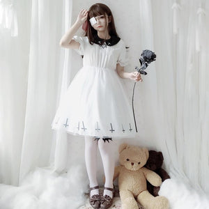 Simple Fashion Cross Print Lolita Tulle Dress White Short Sleeve / S