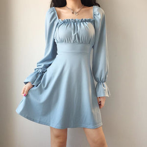Simple & Hipster Touch Solid Square Collar Lace Up Dress Blue / S