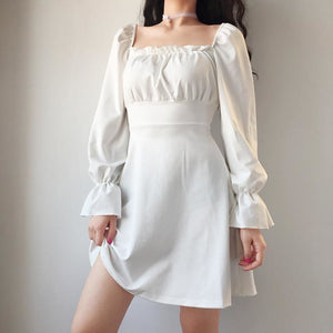 Simple & Hipster Touch Solid Square Collar Lace Up Dress White / S