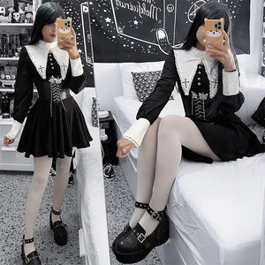 Black White Collage Dark Gothic Stretch Dress Kawaii Cool Girl Dress J50046