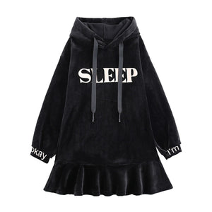 Sleep Letter Print Velvet Ruffle Hooded Dress Black / S Sweatshirt