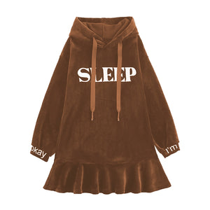 Sleep Letter Print Velvet Ruffle Hooded Dress Brown / S Sweatshirt