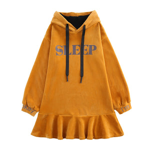 Sleep Letter Print Velvet Ruffle Hooded Dress Yellow / S Sweatshirt