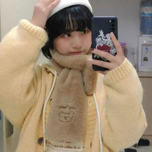 Soft Warm Student Girl Teenagers Koreancute Letter Bear Head Muffler Scarf Khaki Shawl&scarf
