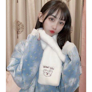 Soft Warm Student Girl Teenagers Koreancute Letter Bear Head Muffler Scarf White Shawl&scarf