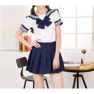Solid Beautiful Sailor Stripe Top Pleated Skirt School Uniforms Dark Blue / S Uniform