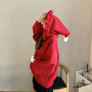 Solid Fuzzy Ball Ruffle Witch Hoodie Knotted Tie Sweatshirt