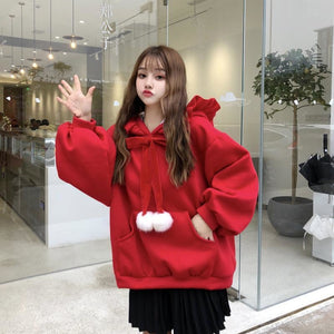 Solid Fuzzy Ball Ruffle Witch Hoodie Knotted Tie Sweatshirt