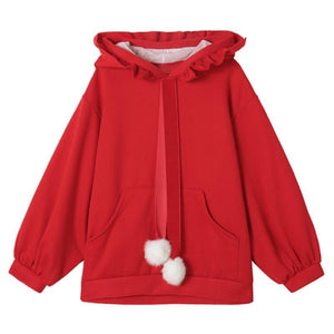 Solid Fuzzy Ball Ruffle Witch Hoodie Knotted Tie Sweatshirt Red / One Size