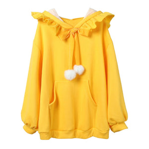 Solid Fuzzy Ball Ruffle Witch Hoodie Knotted Tie Sweatshirt Yellow / One Size