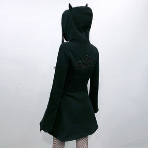 Solid Girl Power Character Devil Horns Zipper Hooded A-Line Dress