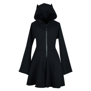 Solid Girl Power Character Devil Horns Zipper Hooded A-Line Dress Black / S