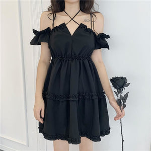 Solid Off- Shoulder Ruffle Halter Dress Black / One Size
