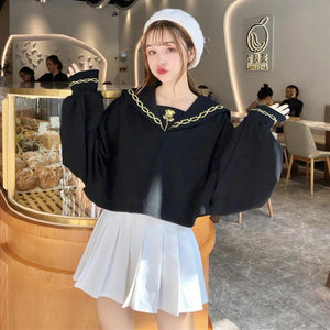 Solid Sailor Collar Persevering Rose Embroidery Sweatshirt Jumper J40117 Golden / One Size