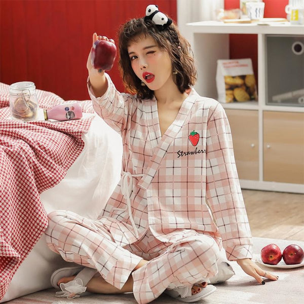 Strawberry Bear Printing Japanese Style Plaid Pajama Set
