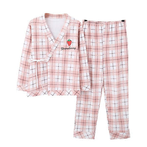 Strawberry Bear Printing Japanese Style Plaid Pajama Set Pink / M Pajamas