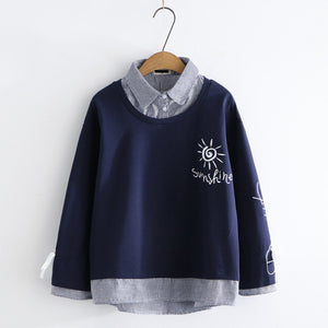 Sunshine Embroidery Bowknot Sleeves One-Piece Sweatshirt Navy / M