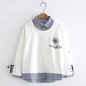 Sunshine Embroidery Bowknot Sleeves One-Piece Sweatshirt White / M