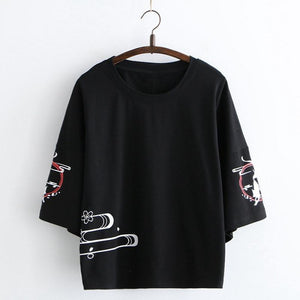 Sweet Cartoon Fox Print Round Neck Casual T-Shirt Loose Mp006156 Black / One Size T-Shirt