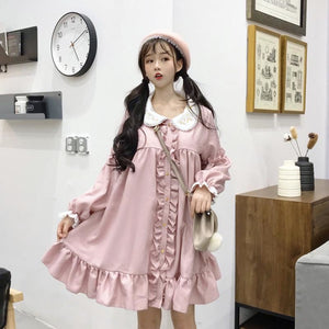 Sweet Embroidery Doll Ruffles Lolita Smocking Dress Pink / One Size