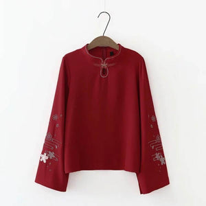 Sweet Flower Embroidery Stand Collar Sweatshirt Red / S