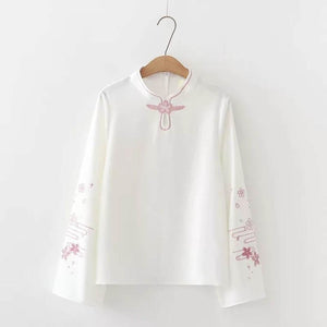 Sweet Flower Embroidery Stand Collar Sweatshirt White / S