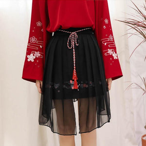 Sweet Sakura Embroidery Tassels Tulle Skirt