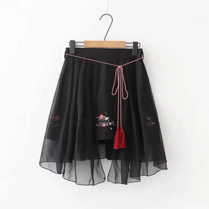 Sweet Sakura Embroidery Tassels Tulle Skirt Black / S