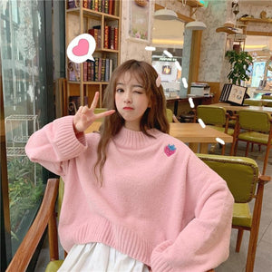 Sweet Strawberry Embroidery Loose Sweater Pink / One Size Sweatshirt