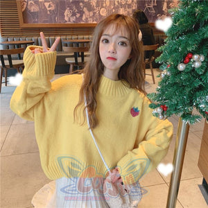 Sweet Strawberry Embroidery Loose Sweater Yellow / One Size Sweatshirt