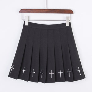 The Cross Embroidery High Waist Pleated Skirt J40017 Black / S