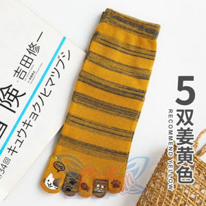 Toe Socks Girl Cotton Cartoon Cat Paw Cute Kawaii 5 Pairs Yellow / One Size Stockings&socks