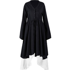 V-Neck Button Drawstring Two-Piece Dress Black / One Size