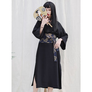 V-Neck Cool Slit Kimono Improved Black Dress