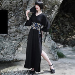 V-Neck Cool Slit Kimono Improved Black Dress Blue Girdle / One Size Short