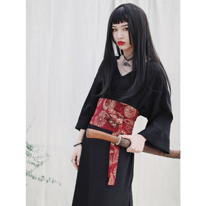 V-Neck Cool Slit Kimono Improved Black Dress Red Girdle / One Size Short