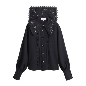 Vintage Constellation Embroidery Ruffle Blouse Black / S Shirt