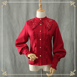 Vintage Constellation Embroidery Ruffle Blouse Shirt