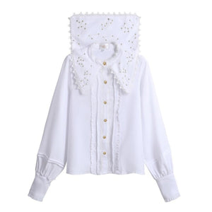 Vintage Constellation Embroidery Ruffle Blouse White / S Shirt