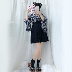 Vintage Kimono Top Pleated Skirt Set