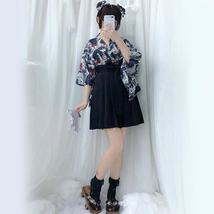 Vintage Kimono Top Pleated Skirt Set Black / One Size
