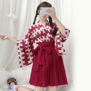 Vintage Kimono Top Pleated Skirt Set Red / One Size