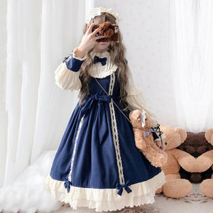 Vintage Lace Up Bow Pleated Frill Nice Clean-Cut Lolita Dress Mp006130 Blue / S