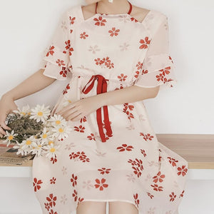 Vintage Sweet Cherry Blossom Print Tiered Sleeve Dress Mp006151