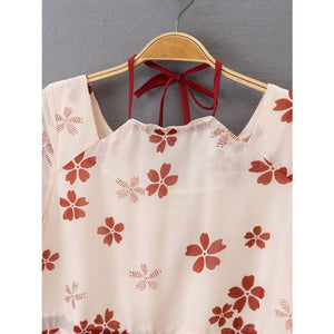Vintage Sweet Cherry Blossom Print Tiered Sleeve Dress Mp006151