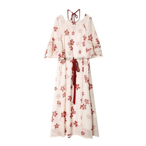 Vintage Sweet Cherry Blossom Print Tiered Sleeve Dress Mp006151 S