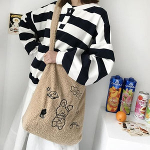 Wander In The Universe Cute Faux Wool Shopper Bag Hobo/tote C00065 Universe Brown Planet Rabbit With