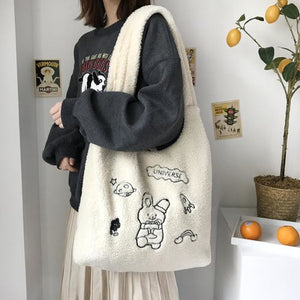 Wander In The Universe Cute Faux Wool Shopper Bag Hobo/tote C00065 White Planet Rabbit Large