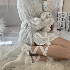 White Socks Female Calf Length Jk Lolita Kawaii Tied Strips